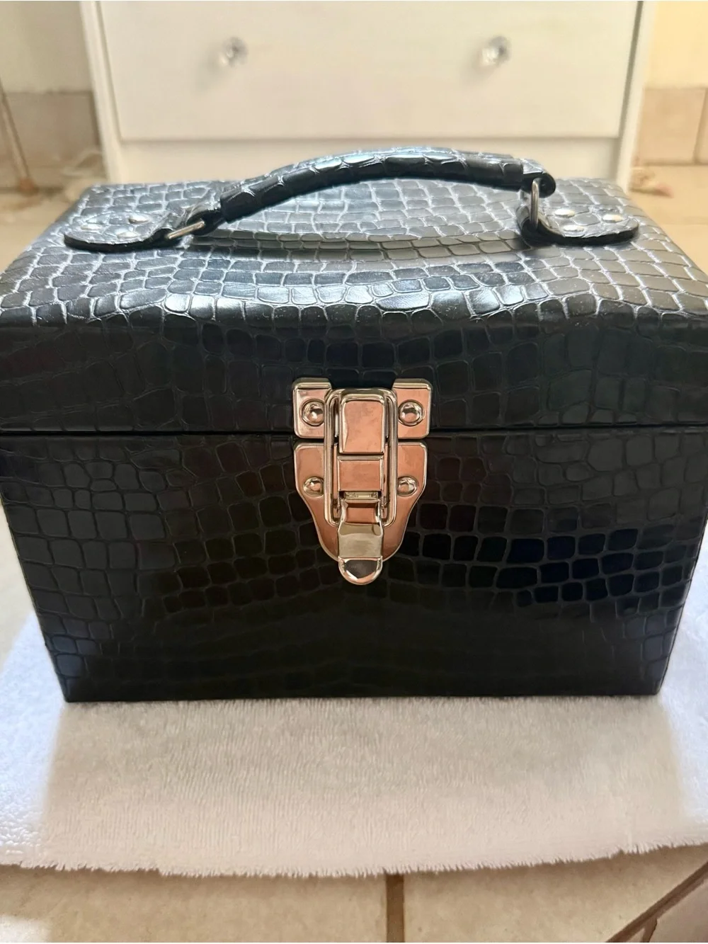Vintage Nordstrom Makeup Train Case Faux Black Alligator Leather with Gold Trim